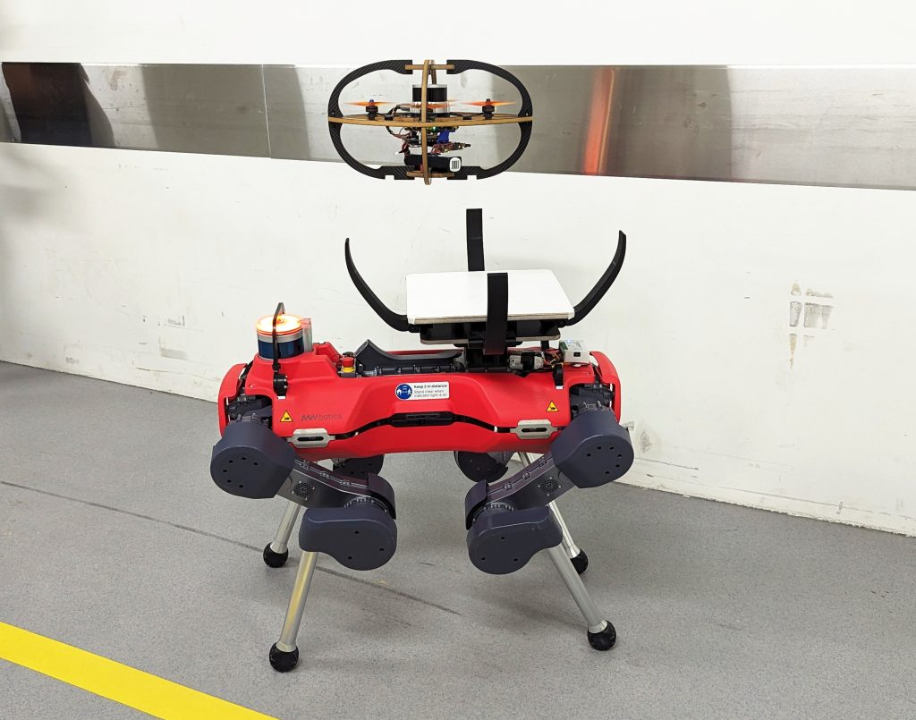 Marsupial walking-and-flying robot deployment